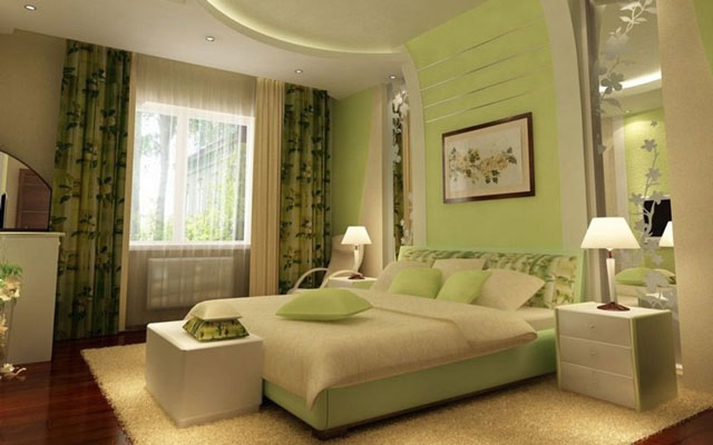 Оформление спальни в зеленом цвете. 