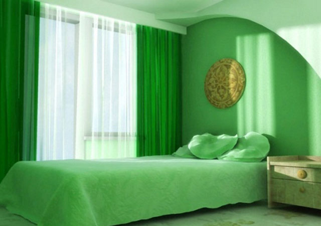 Оформление спальни в зеленом цвете. 