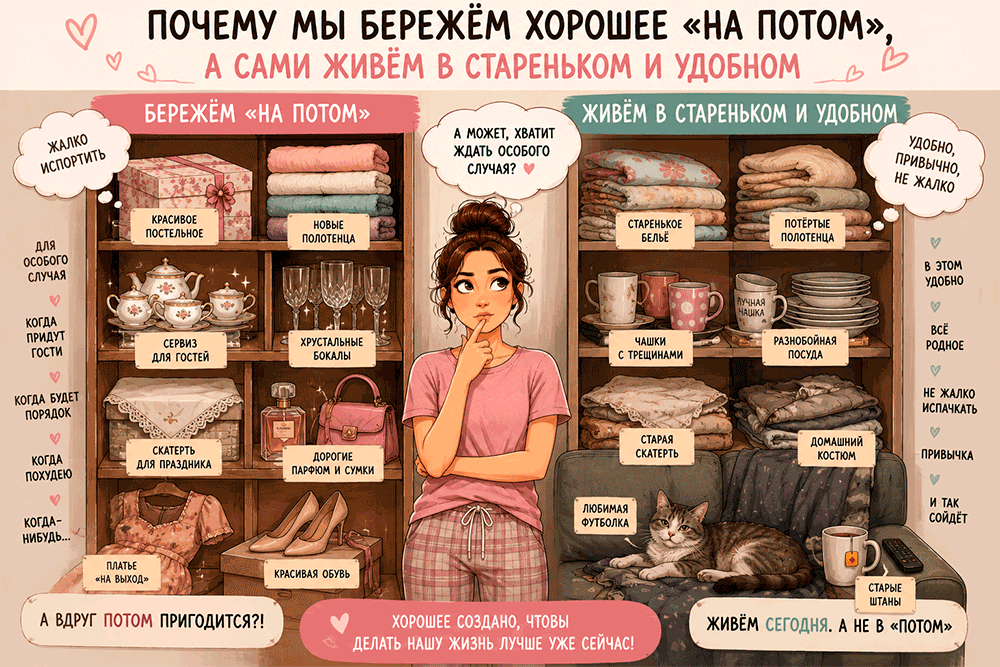 Почему мы бережём хорошее “на потом”, а сами живём в стареньком и удобном? Почему мы бережём хорошее “на потом”, а сами живём в стареньком и удобном?
